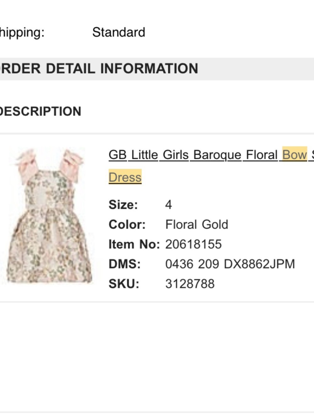 GB Little Girls Baroque Floral Bow Strap Dress - size 4T with Pale Pink velvet - Picture 5 of 7